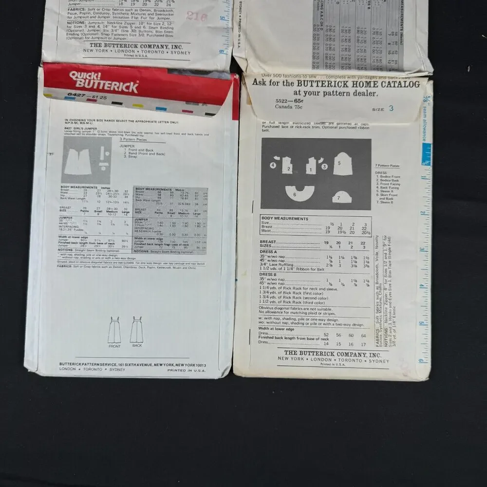 Lot of 4 Butterick Children's Easy Sewing Patterns 1970s Vintage